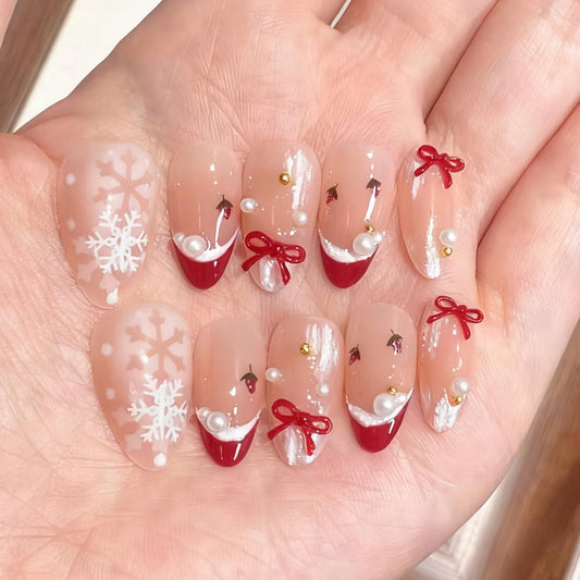 30pcs Christmas Press on Nails Medium Almond French Tip Fake Nails Winter Snowflake Full Cover False Nails with 3d Bow Rhinestones Designs Glue on Nails Valentine Nude Glossy Acrylic Nail for Women