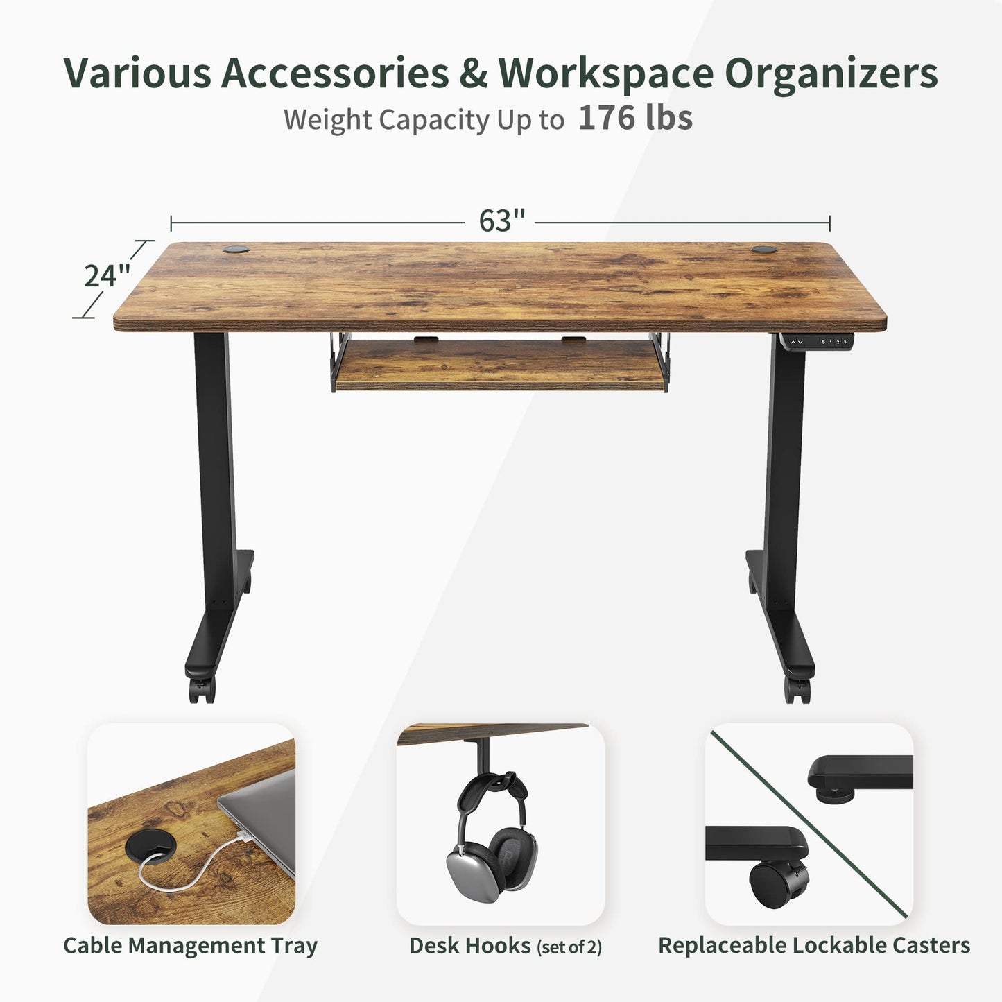 BANTI 63''x24''Standing Desk Adjustable Height with Keyboard Tray, Raising Desk, Sit Stand Up Desk for Home Office and Computer Workstation, Rustic Brown