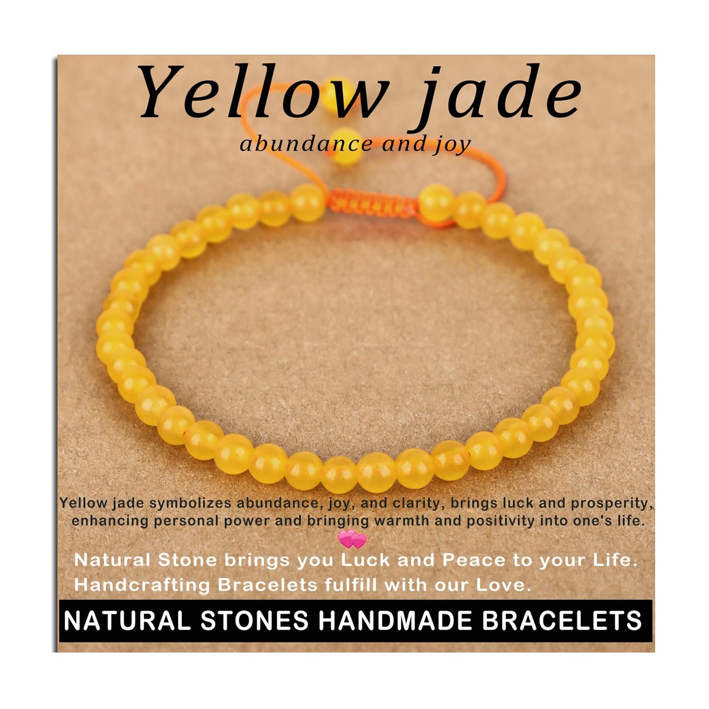 AD Beads 4mm Yellow jade Bracelet - Stone of abundance and joy - Handmade Natural Stone Crystal Bracelet with Adjustable Macrame String - Yoga Healing Power Energy Gifts for Men and Women