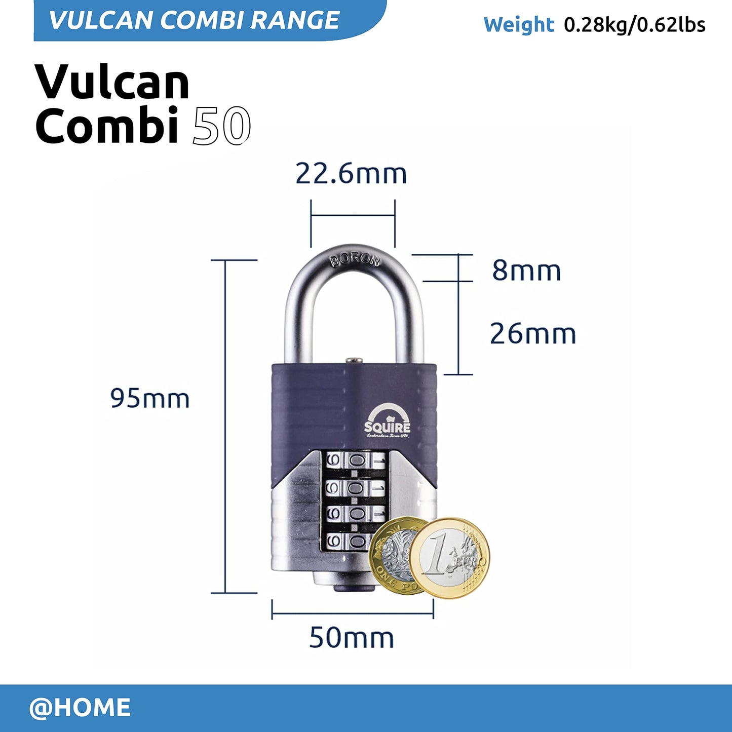 Squire Heavy Duty Padlock (Vulcan Combi 50) - Toughest Open Shackle - 4 Wheel Vulcan Padlock - Steel Cast Alloy for Corrosion Resistance - Weatherproof Lock for Home, School & Shed (Blue, 2")"