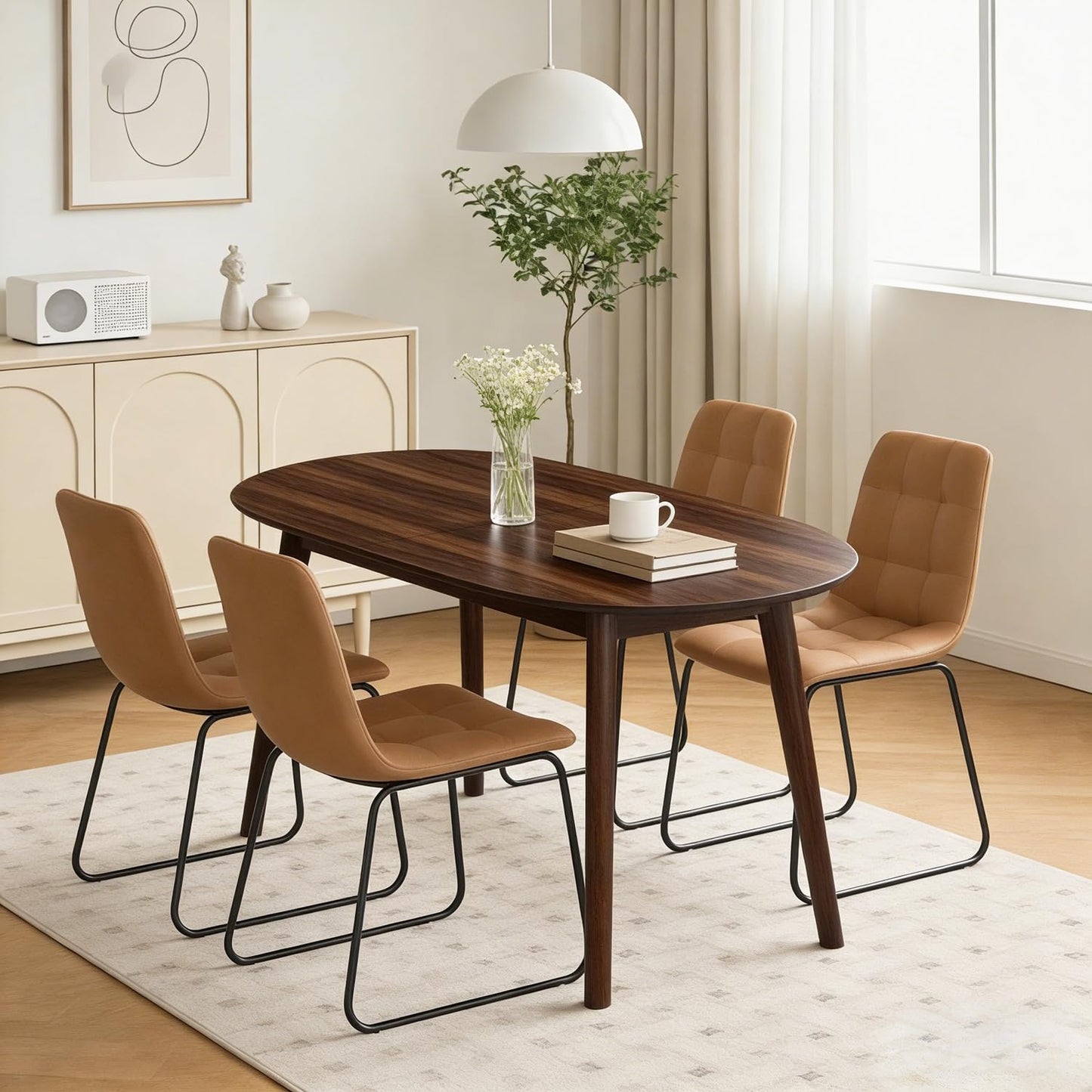 63" Oval Dining Table Set for 4, 5 Piece Modern Dining Table Set for Kitchen and Dining Room, Solid Wood Legs Dining Table with 4 Checkered PU Leather Dining Chairs（Walnut Table+4 Brown Chairs)