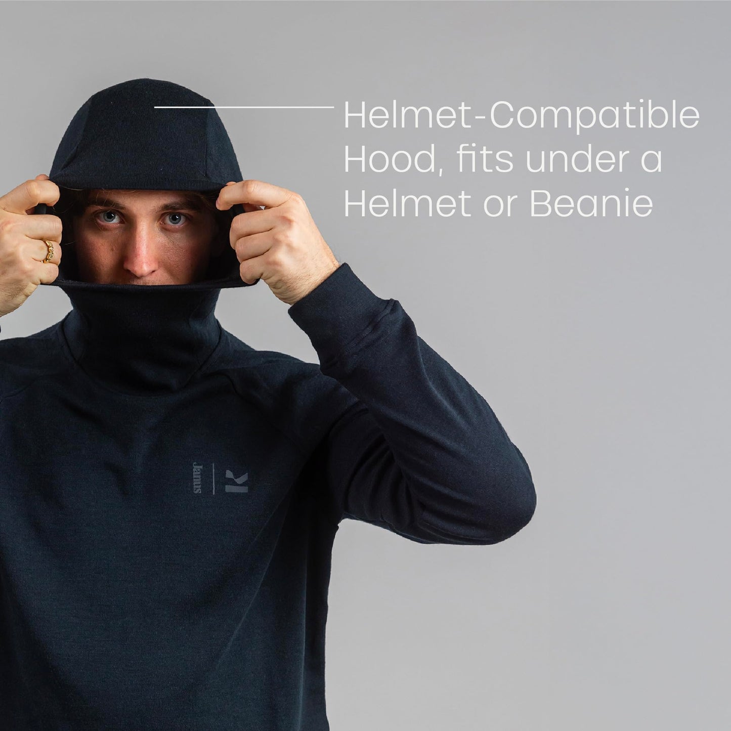 Janus Wool Kleveland Merino Base Layer - 100% Wool Fleece Hooded Sweatshirt - Men, Women, Teens - Winter Snowboarding Pullover - Brushed Interior - Under Helmet Warmth & Protection - Large Black