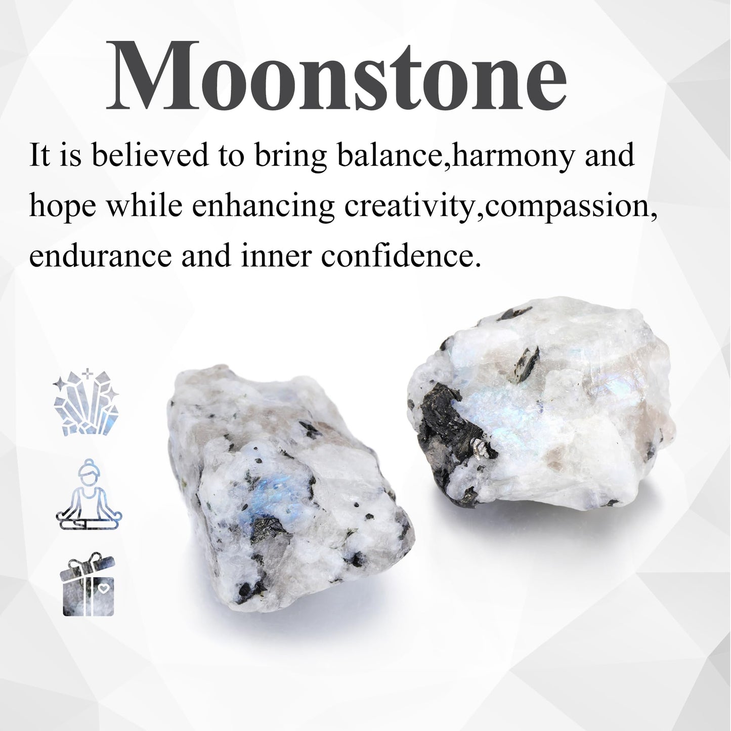 Jovivi 2pcs Raw Rainbow Moonstone Crystals,Large 1.6-2.2" Healing Crystals Natural Rough Stones Crystal for Tumbling, Cabbing, Home Decoration, Polishing, Wicca & Reiki
