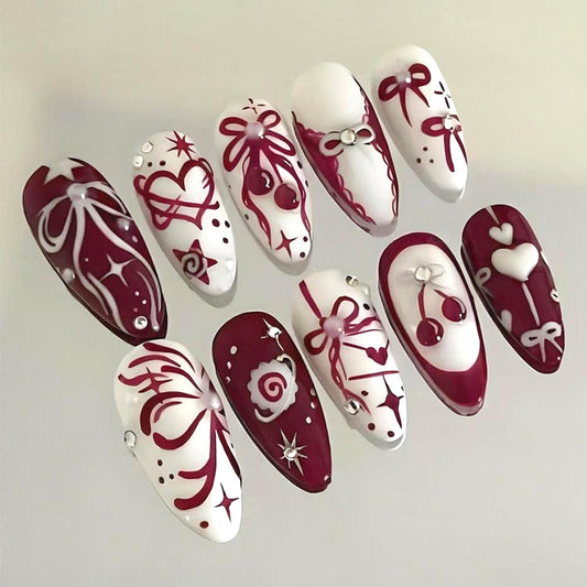 30Pcs Medium Almond Press on Nails Cute Bow Cherry Design Rhinestone Fake Nails Heart Star Stick on Nails Red Full Cover Glossy Reusable Artificial Acrylic Nails Valentine's for Women DIY Decor