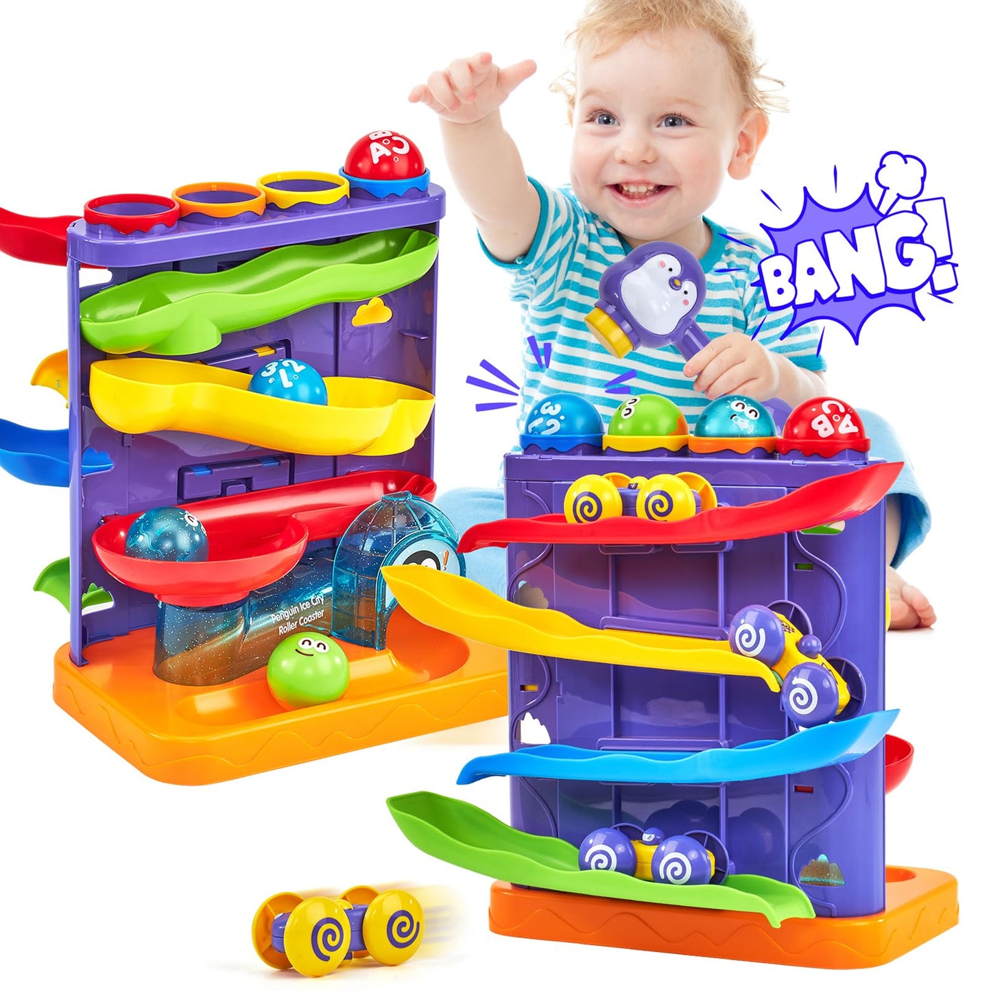 hahaland Toddler Toys for 1 Year Old Boy 2 in 1 Pound Ball Toy & Car Ramp Race Track Learning Early Developmental Montessori Toys for 2 Year Old Christmas Birthday Gifts Stocking Stuffers