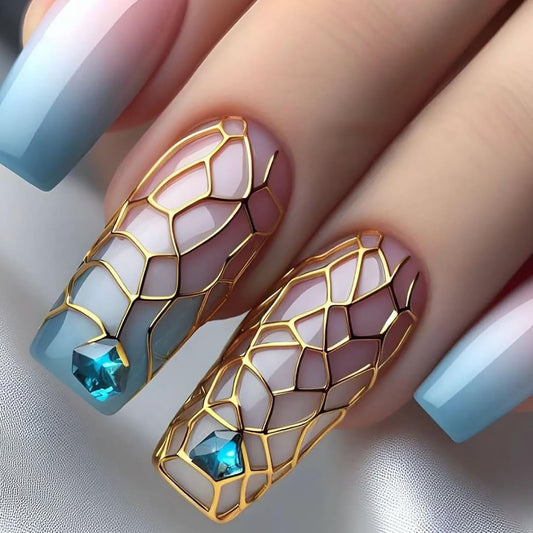 Pink Blue Gradient Press on Nails Medium Gold Mesh False Nails Blue Diamond Design Press Nails Full Cover Glossy Acrylic Nails Artificial Coffin Nails Ballet Shaped Stick on Nails for Women 24Pcs