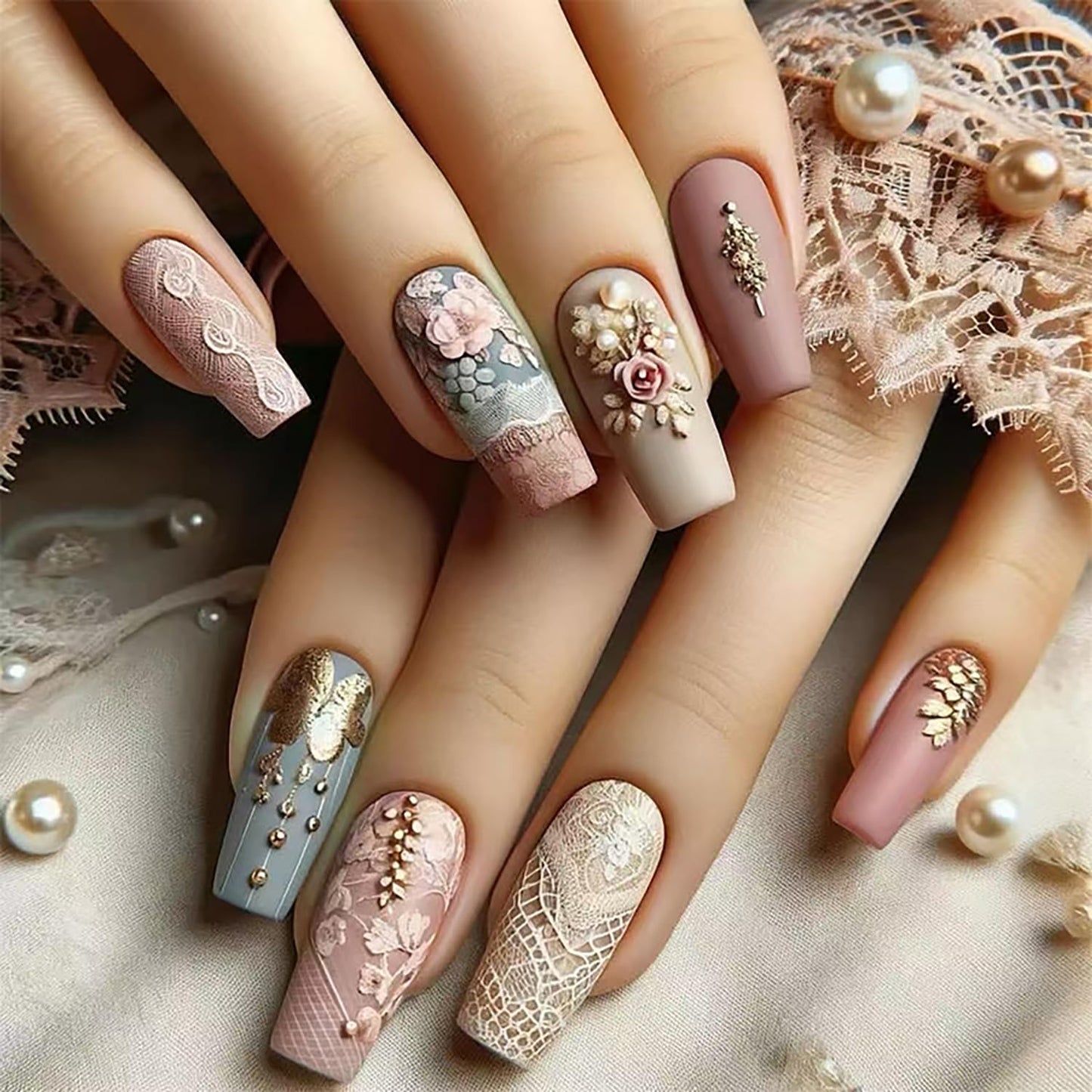 CJDLTS Flower Press on Nails Medium Ballet Shaped Rose Floral Lace Pattern Design Full Cover Glossy Acrylic False Nail Artificial Press Ons Fake Nail DIY Reusable Glue on Nails for Women 24Pcs