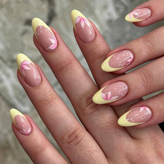 24Pcs Pastel Yellow French Tip Press On Nails Medium Almond Fake Nails with Pink Tulip Flower & White Dot, Nude Pink Base Glossy False Nails, Spring Floral Acrylic Nail Full Cover Press ons for Women