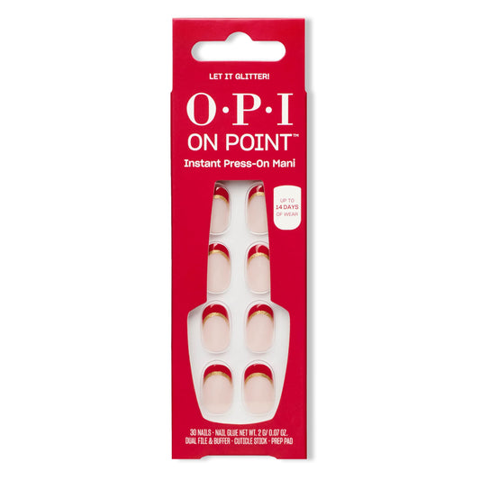 OPI On Point Let it Glitter! | Short Round Gold & Red Glitter French Tip Press On Nails | 30 Count with Nail Glue | Reusable, Non-damaging | Amazon Exclusive | Holiday Shades 2025