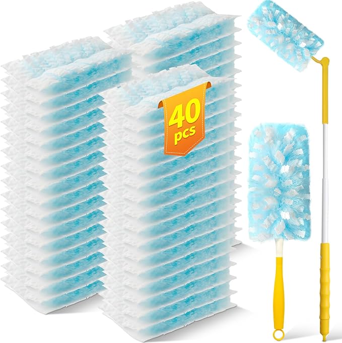 40 Count Duster Refills with 1 Short Handle & 3 ft Extendable Handle, Compatible with Swiffer Duster, 180Â° Disposable Microfiber Cleaning Dusters, Unscented