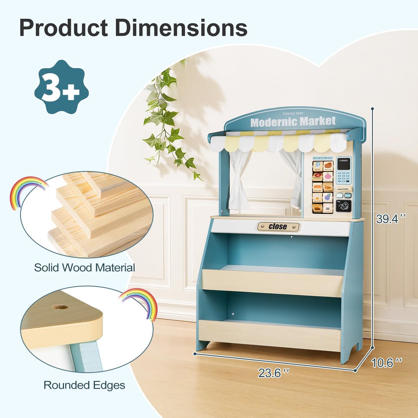 DREAM BUILDING Kids Grocery Store Pretend Play, Puppet Theater&Grocery Store Playset Toy Double-Sided, Toddler Supermarket Toy Cash Register w/Blackboard, Display Shelves, Gift for Boys Girls, Blue