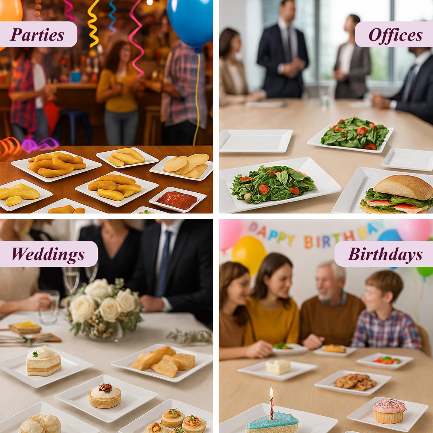 Aya's 60ct White Square Disposable Plates - Heavy Duty Plastic Party Plates for Christmas, Thanksgiving (30 Dinner & 30 Salad)