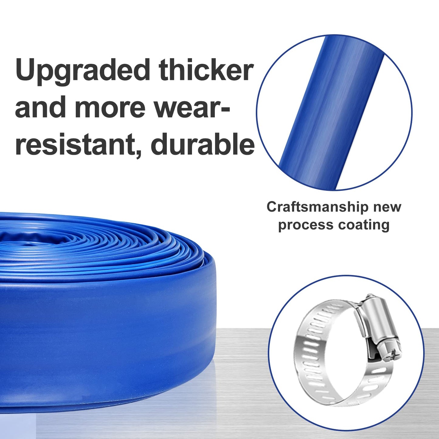 YASHINE PVC HOSE 2"*50ft, Pool Backwash Hose, Heavy Duty Reinforced Blue PVC Lay Flat Water, For Swimming Drain Pools and Clean Filters, with 2 Clamp