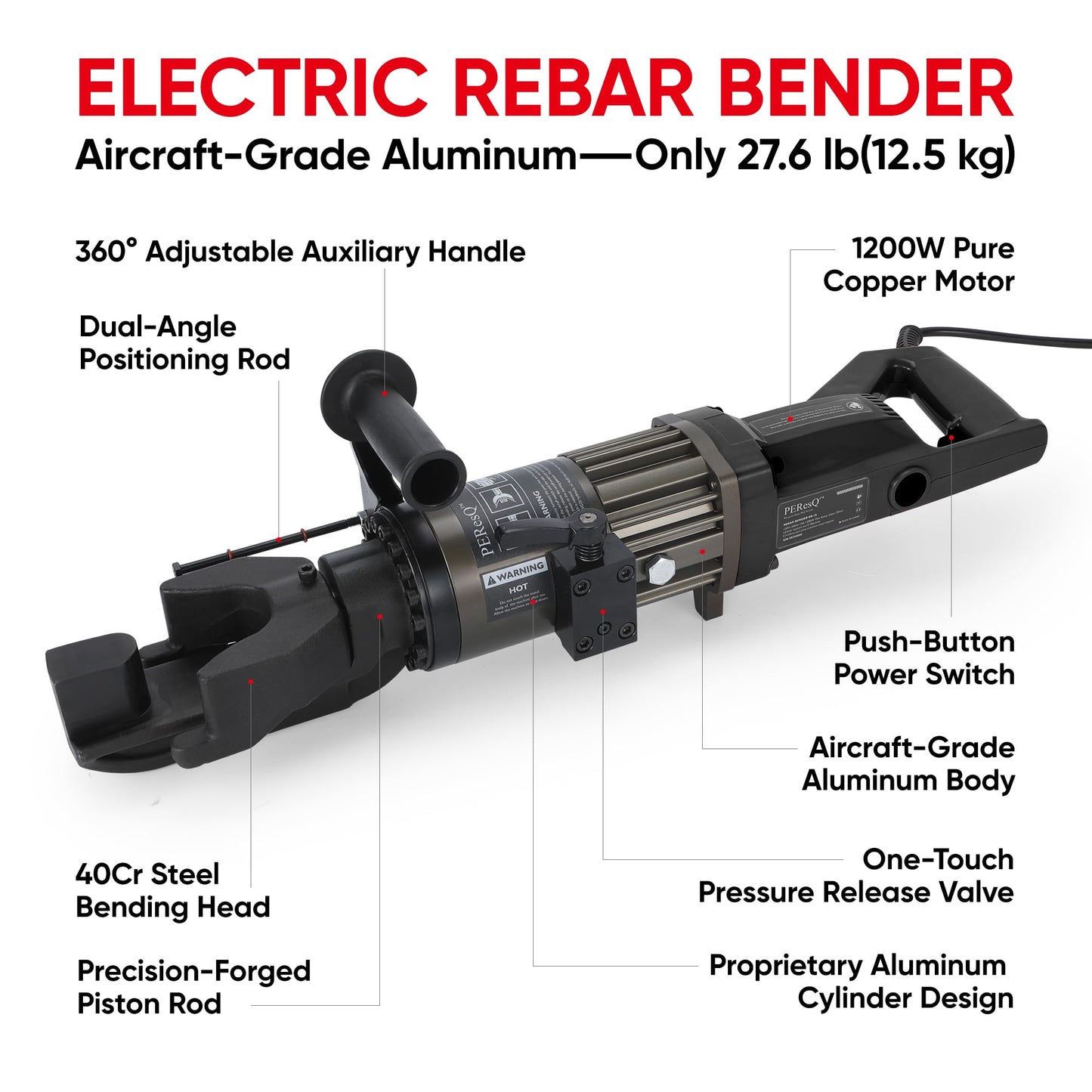 PEResQ Electric Rebar Bender, 5/8 Inch (16 mm) Hydraulic Portable Rebar Bending Machine, 1200W 120V, 2–2.5 s Fast Bending, 27.6 lb, Model RB-16 (Black)