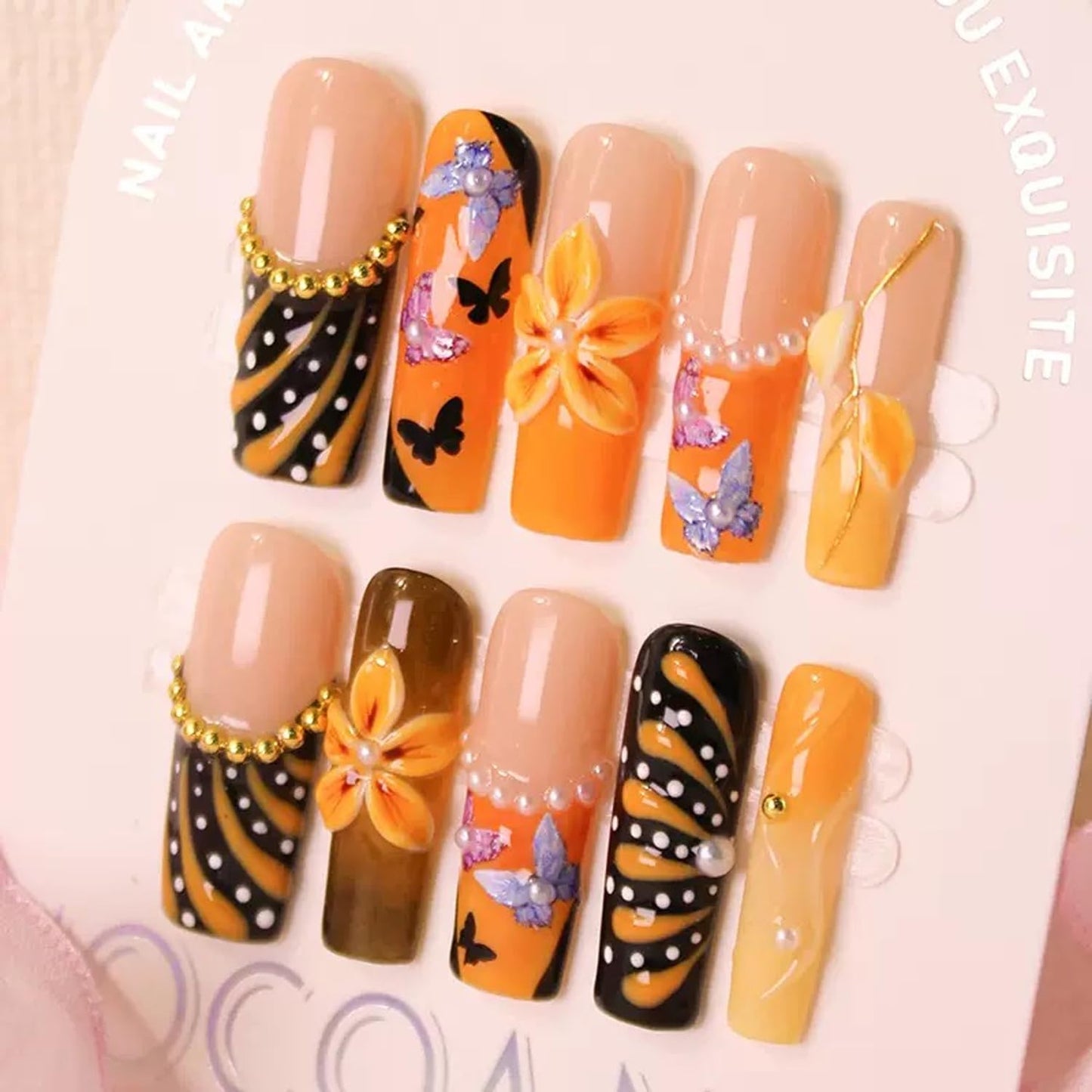 Handmade Nails French Press on Nails Long Square Fake Nails with Glue,Glitter Butterfly False Nails with 3D Flower Designs Orange Thick Nails Reusable Nature Stick on Nail for Wome (Size S)