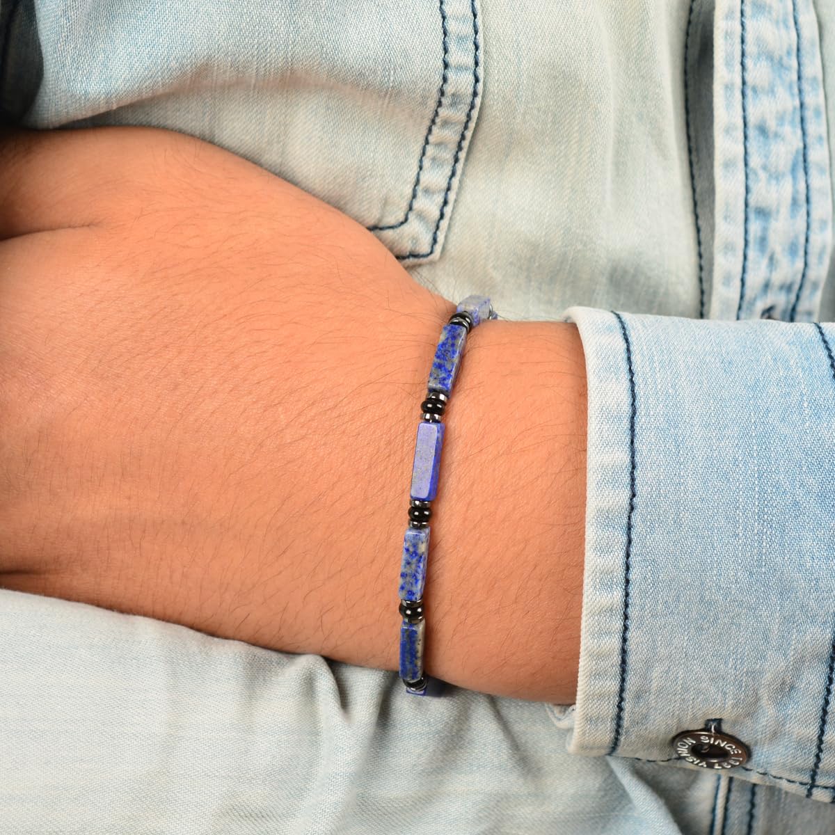 Casvia Men's Lapis Lazuli Chakra Protection Bracelet, Hematite Black Agate Beaded Bracelet, Stainless Steel Adjustable Mens Jewelry | Gift for Father Boyfriend Husband