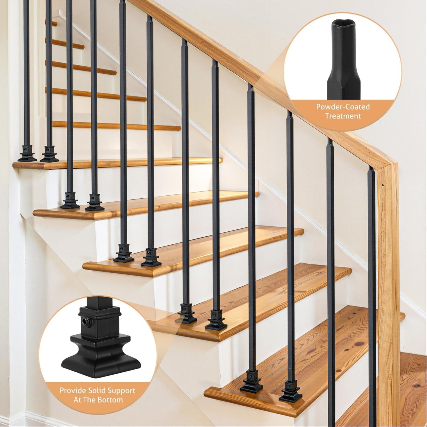 WICHEMI 32 Pack Stair Balusters Indoor, 44" x1/2" Iron Balusters for Staircase, Square Straight Stair Spindles Iron Black with Baluster Plate Shoes