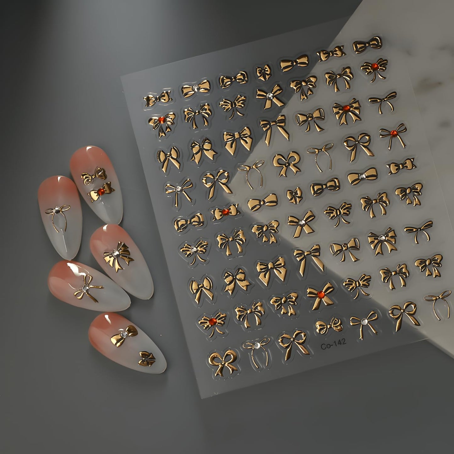 Gold Bow Nail Art Stickers Decals 5D Embossed Nail Decals Bow Nail Stickers with Rhinestone Design Gold Nails Art Supplies Decoration Accessories for Women and Girls