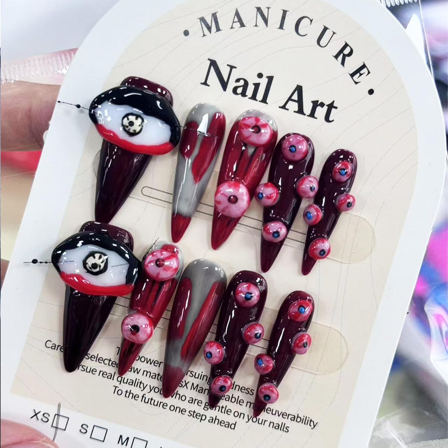 Halloween Press on Nails Medium Almond Fake Nails Handmade Scary 3D Big Eyeball Booeek False Nails Blood Full Cover Horror Stick on Nails for Women Girls Manicure (Scary Halloween M)