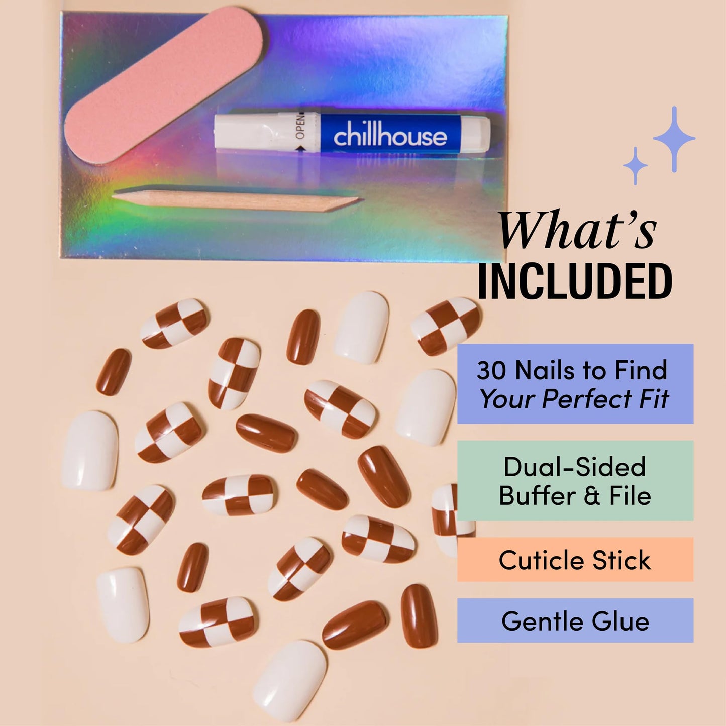 Chillhouse - Chill Tips, Press on Nails Kit - Want S'more? (Oval) - 24 Nail Shapes & Sizes - Up to 2 Weeks of Wear - Customizable Fit - Reusable - Latina Founded & Women Owned - Beauty & Self Care