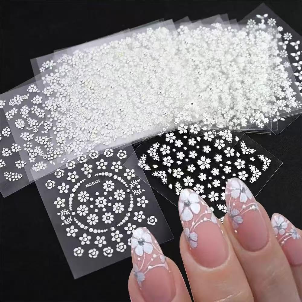 SPLOCUDU White Flower Nail Art Stickers White Flower with Rhinestones Nail Decals 3D Self Adhesive Nail Stickers Nail Art Designs Flowers Sticker for Nails Decorations 30 Sheets