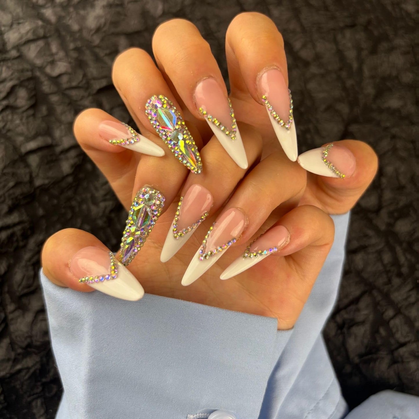 Yabonica Handmade French Tip Press On Nails Stiletto,10Pcs False Nails Press Ons with 3D Bling Rhinestones Design,Long Lasting&Reusable Glue On Fake Nail for Woman Girls Party Daily Wear Gift (039S)