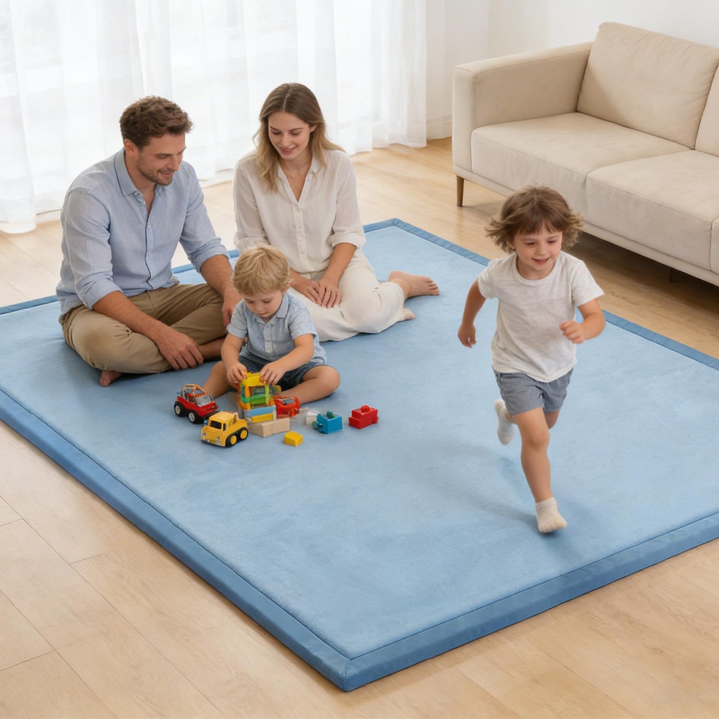 TreeBud Baby Play Mat for Floor, 1.3 Inch Thick Memory Foam Tummy Time Mat with Non Slip Backing, Soft Coral Velvet 71X79 Inch Playpen Mat Crawling Tatami for Infants Toddlers Kids, Midnight Blue
