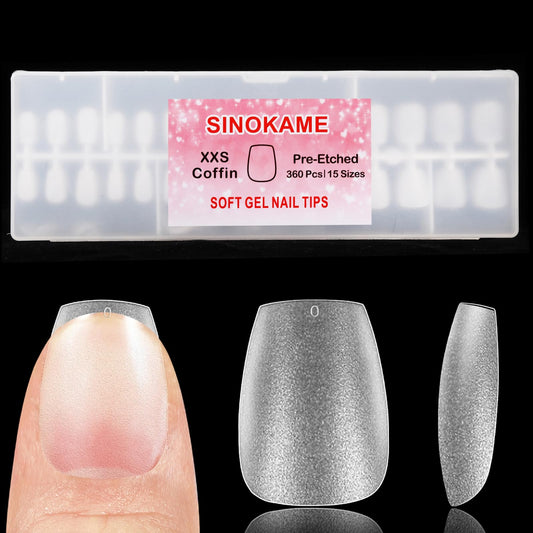 SINOKAME Extra Extra Short Coffin Nail Tips, No File Matte XXS Coffin Soft Gel Fake Nails Full Cover, Petite Nails for Small Regular Nail Beds,Clear Fake Acrylic Nails for Extension,15 Sizes 360Pcs
