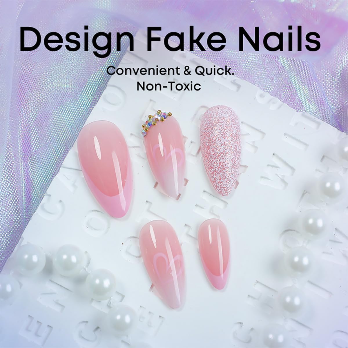24Pcs Valentines Press on Nails Medium Almond French Tip Fake Nails Pink Heart False Nails Silver Glitter Full Cover Artificial Glue on Nails with Rhinestones Design Cute Stick on Nails for Women DIY