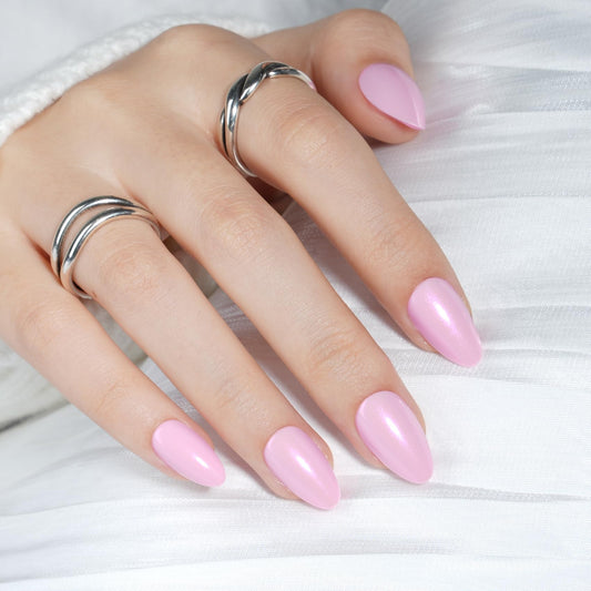 Pink Press On Nails Almond - Short Fake Nails with Nail Glue, Pink Chrome Press On Nails Reusable Stick On Nails in 16 Sizes - 32 Nail Kit for Women & Girls | Salon Quality