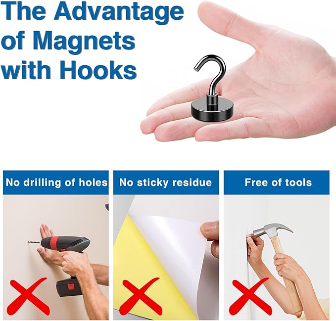LOVIMAG Magnetic Hooks for Cruise Cabins, 50lbs Black Magnetic Hooks for Classroom, Strong Magnets with Hooks for Hanging, Neodymium Magnet Hooks for Fridge, Ceiling, Locker, Camper, Travel-25 Pcs