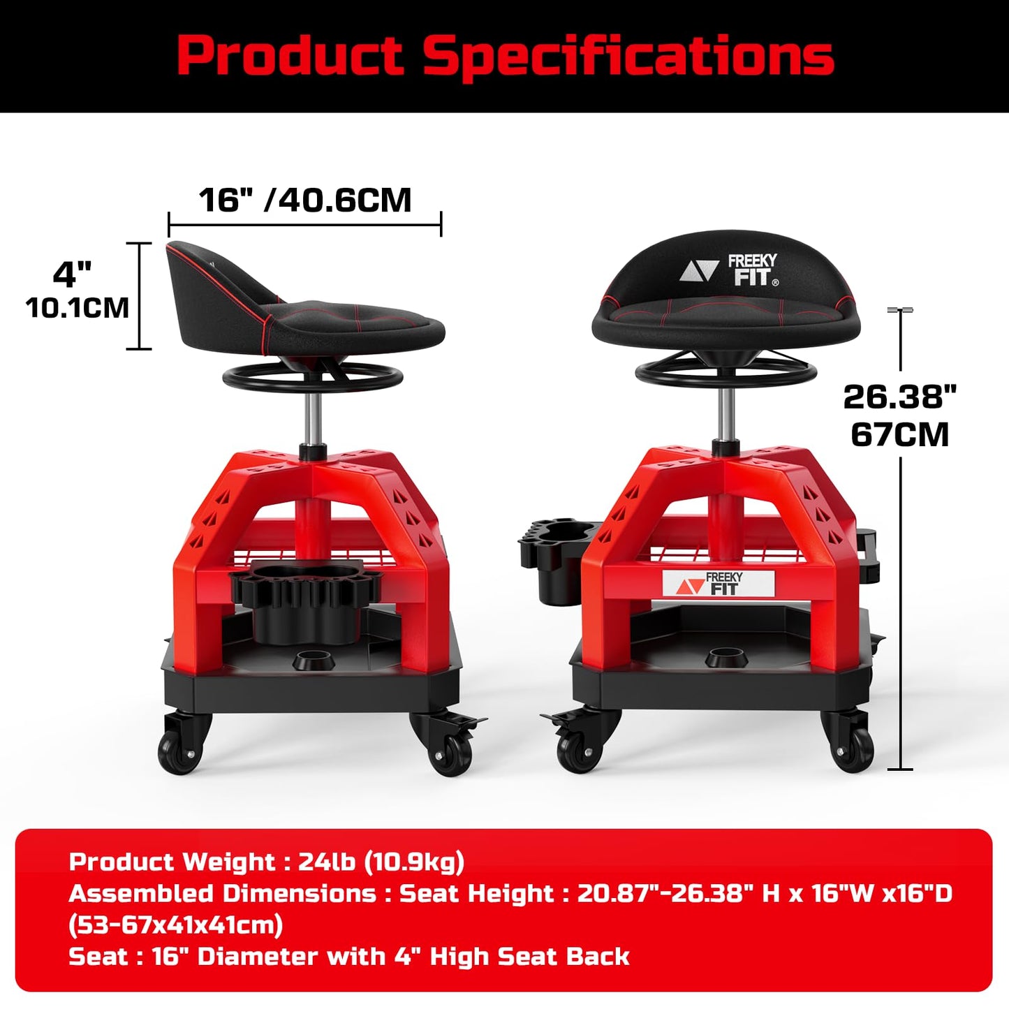 FreekyFit Rolling Shop Stool for Garage with Casters, DO02-Adjustable Height 360° Swivel Shop Seat with Tool Tray Storage, 330 LBS Capacity Padded Mechanic Stool, Magnetic Tool Hold, Heavy Duty, Red