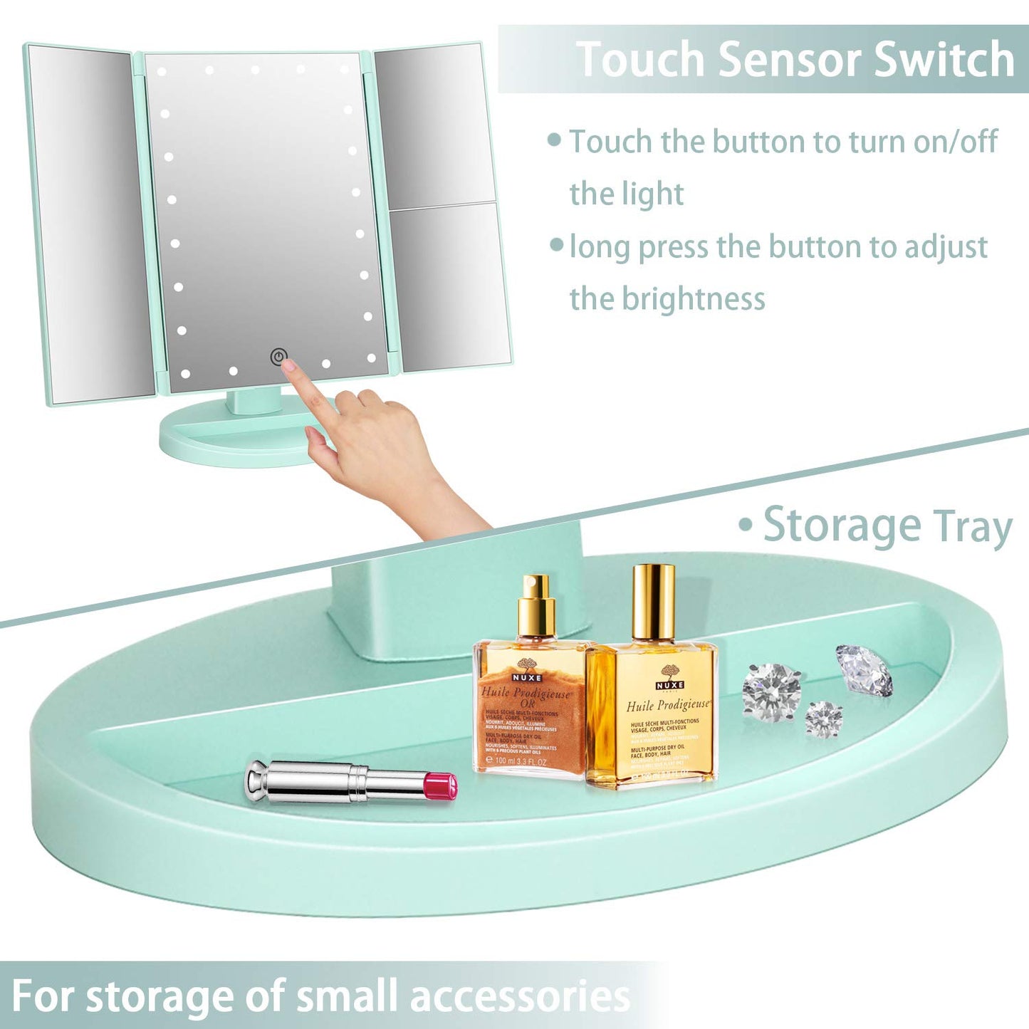 deweisn Tri-Fold Lighted Vanity Tabletop Mount Mirror with 21 LED Lights, Touch Screen and 3X/2X/1X Magnification, Two Power Supply Mode Make up Mirror,Travel Mirror