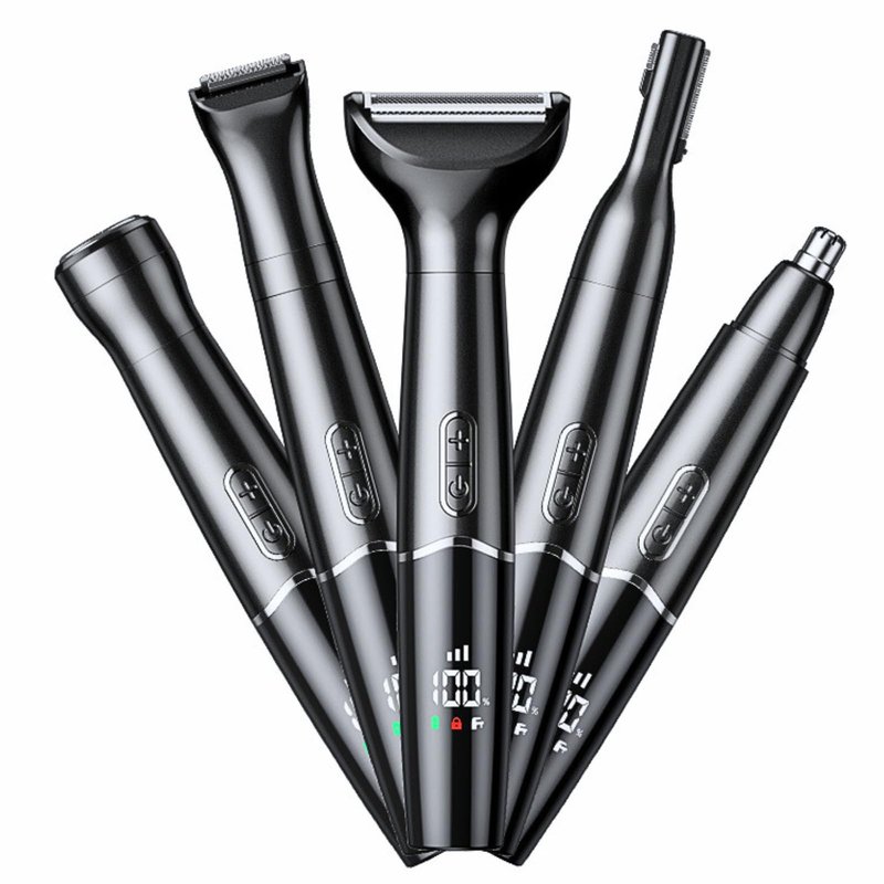 RFSCDI 5-in-1 Nose Hair Trimmer for Men, USB-C Rechargeable Painless Eyebrow & Facial Trimmer, IPX7 Waterproof Electric Grooming Kit, LED Display with 5 Blade Heads, Classic Black