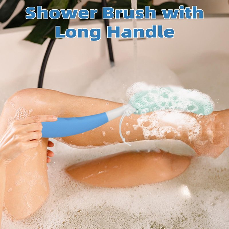 KkaFFe Back Scrubber for Shower，Mesh Sponge Body Shower Brush with Long Handle for Use in Shower Back Scrubber,Back Scrub for Exfoliating Body Scrubber or Shower Brush (Blue and Blue)