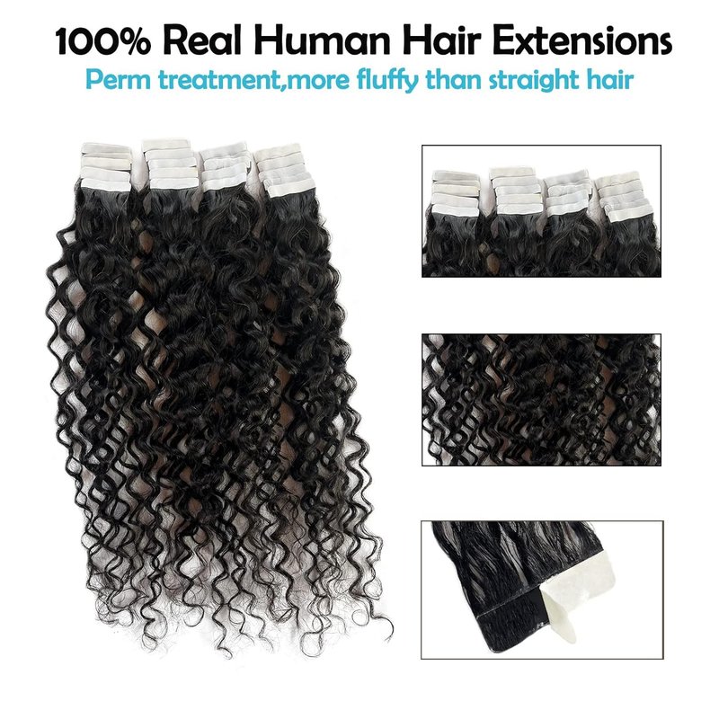 Curly Tape in Hair Extensions,14inch Natural Black Water Wave Real Human Hair Tape in Extensions 20pcs 50g Black Wavy Tape on Hair Extensions for Black Women