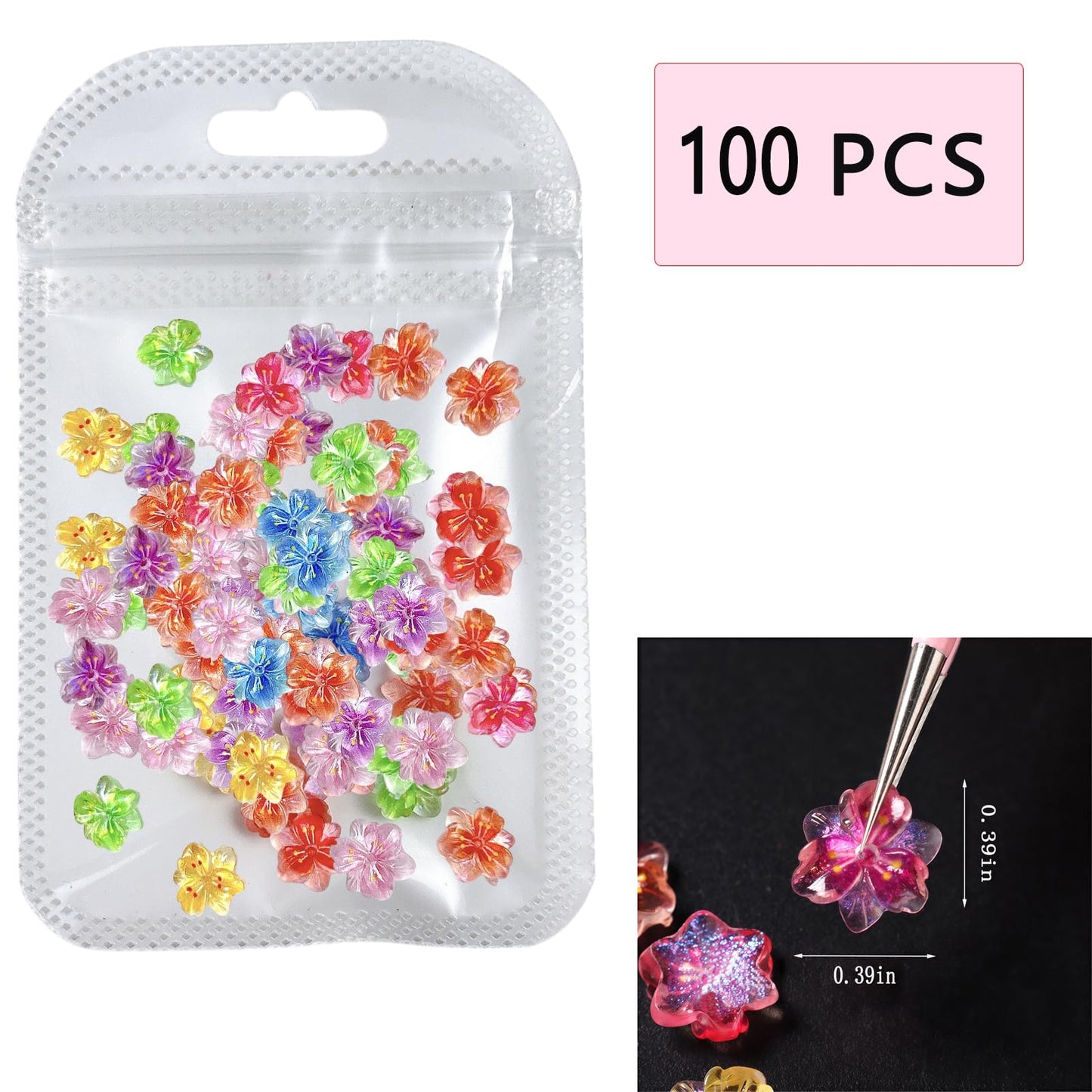 100PCS Glitter Peach Blossom Nail Art Charms 3D with Ice Clear Powder Flowers Mixed Spring Summer Jelly Color Floral Diamond Nail Jewelry Tiny Flowers Nail Design for Women Manicure Supplies