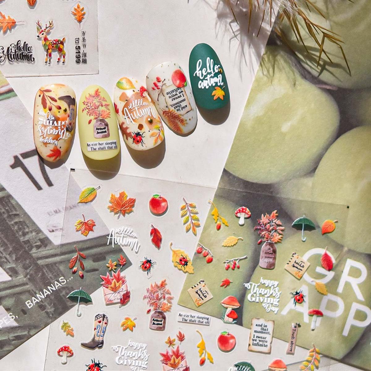 Fall Nail Stickers for Nail Art Thanksgiving Day Nail Art Sticker Autumn Maple Leaves Nail Decals Mushroom Ladybug Stickers for Nails Design Self Adhesive Nails Supplies for Women Girls 1 Sheet