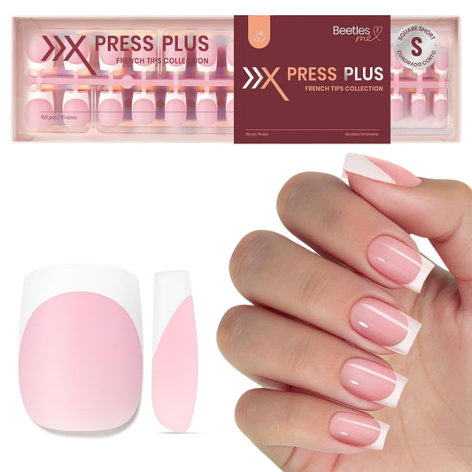 Beetles French Tips Press On Nails - Pearl French | Pink French Tip Nails Short Square 150 Pcs Fake Nail Tips, Soft Nail Gel False Nails Art DIY Gifts For Women