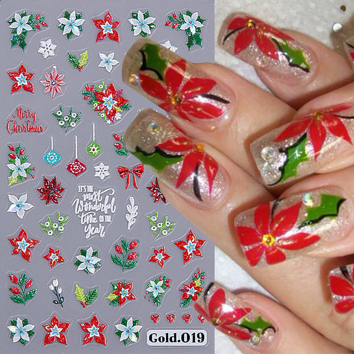 2 Sheets Christmas Nail Stickers for Nail Art 5D Embossed Flower Nail Art Stickers with Snowflake Bow Cherry Leaf Design Winter Nail Decals Nail Art Supplies for Women Acrylic Manicure Decorations