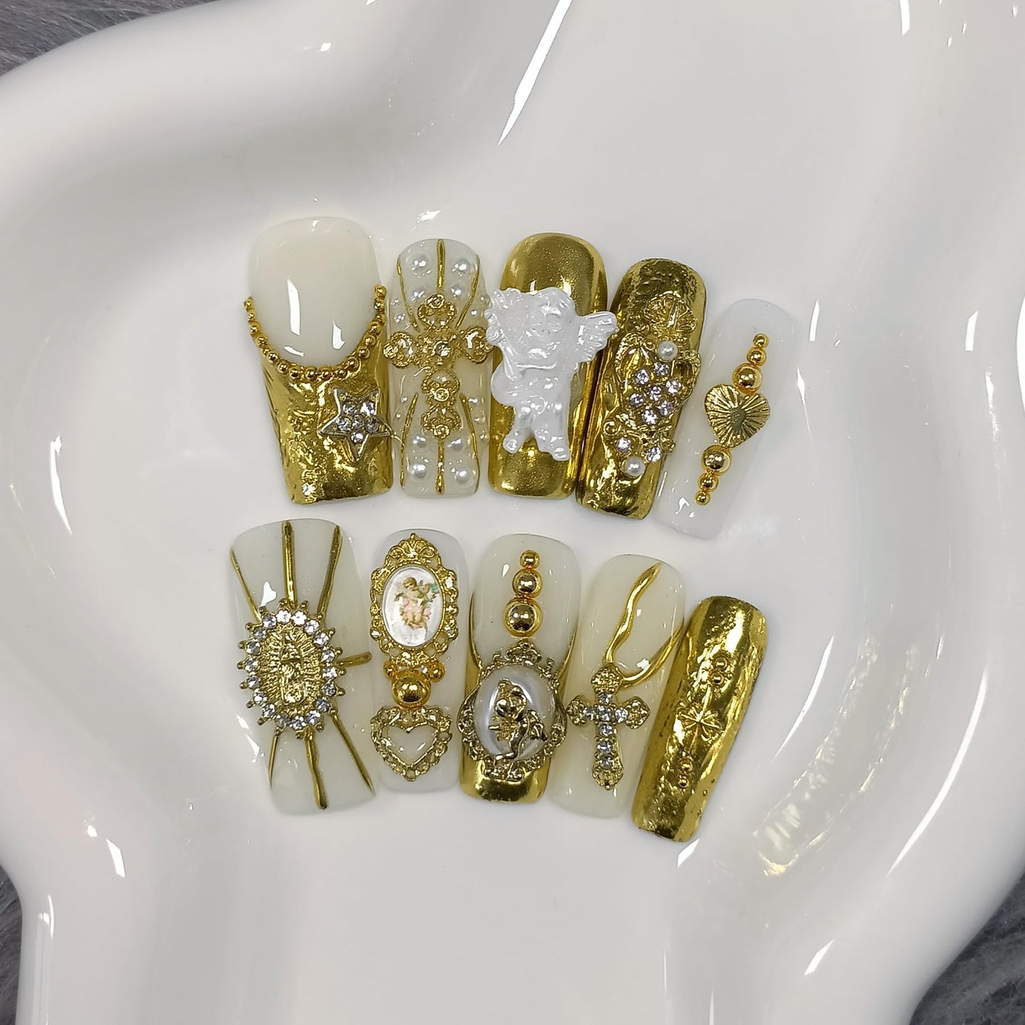 TENPAL Baroque Press on Nails Long Coffin 3D Embossed Pearl Cross Charm Luxury False Nails for Women Gold Glam Royal Cathedral Style Glue on Nails for Parties Holiday Events(S)