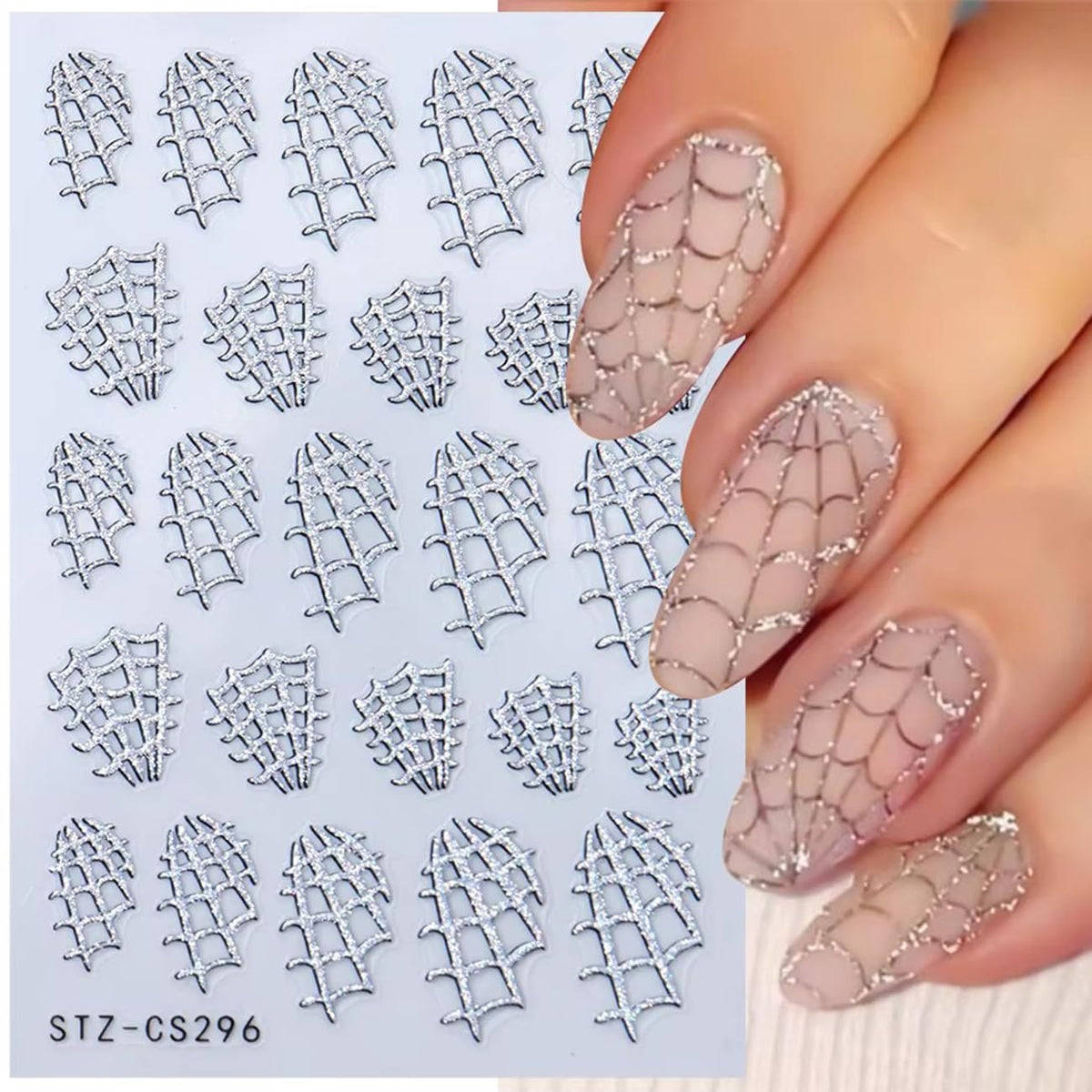 8Sheets Halloween 3D Glitter Spider Nail Art Stickers - Self-Adhesive Black Gold Silver Spider Web Decals - Luxury Gothic Design for Women DIY Nail Decoration