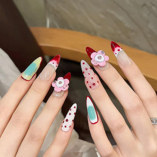 Yacey 3D Floral Handmade Press on Nails, Long Almond Reusable False Nails Press Ons, Red Polka Dots French Tip Thick Acrylic Fake Nails with flower, Luxury Glue on Nails for Women Girls (10 Pcs, M)