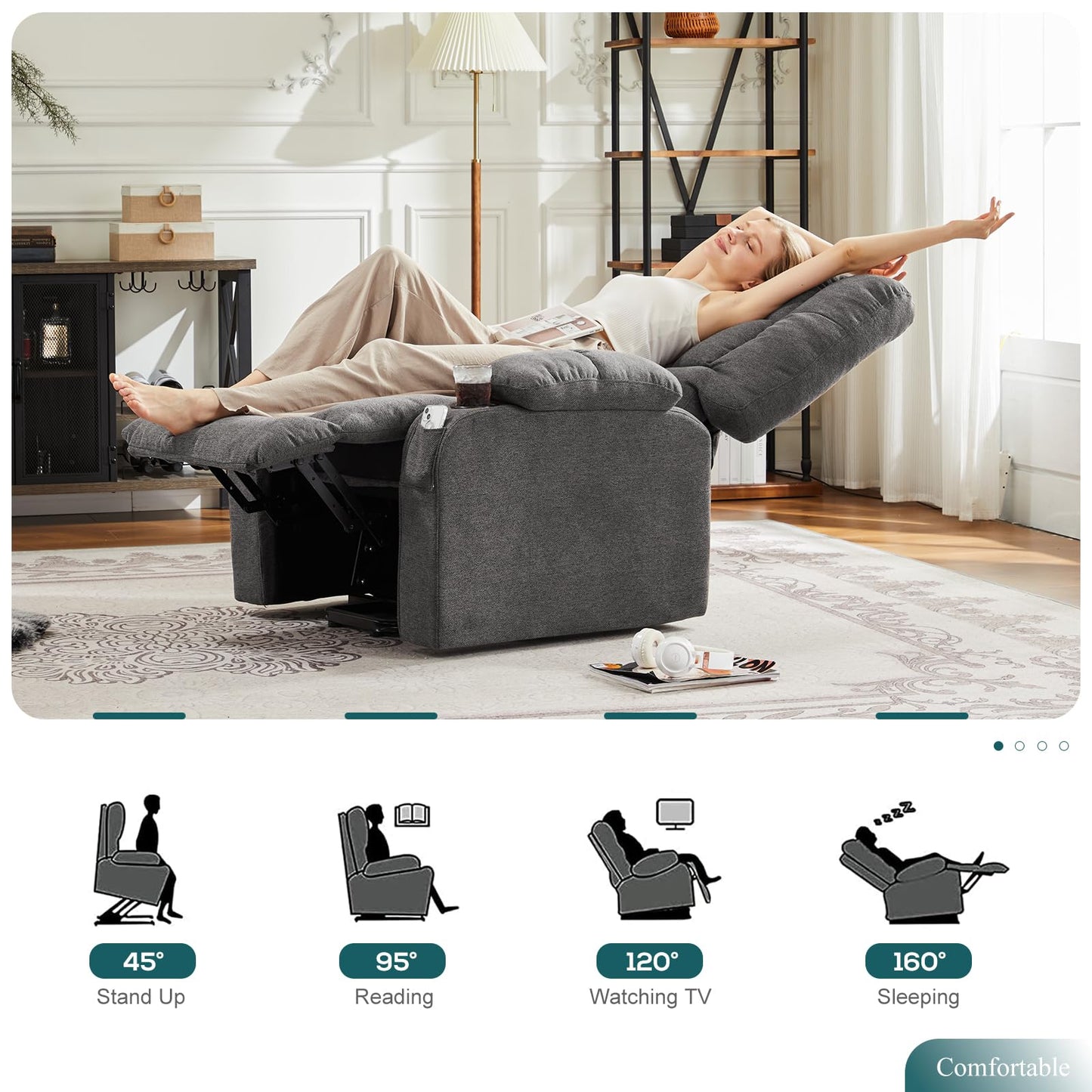 DUMOS Power Lift Recliner Chair with Vibration Massage and Heat for Elderly, Ergonomic Overstuffed Breathable Fabric Reclining Chair with 3 Pockets, Remote Control, Living Room, Bedroom, Grey