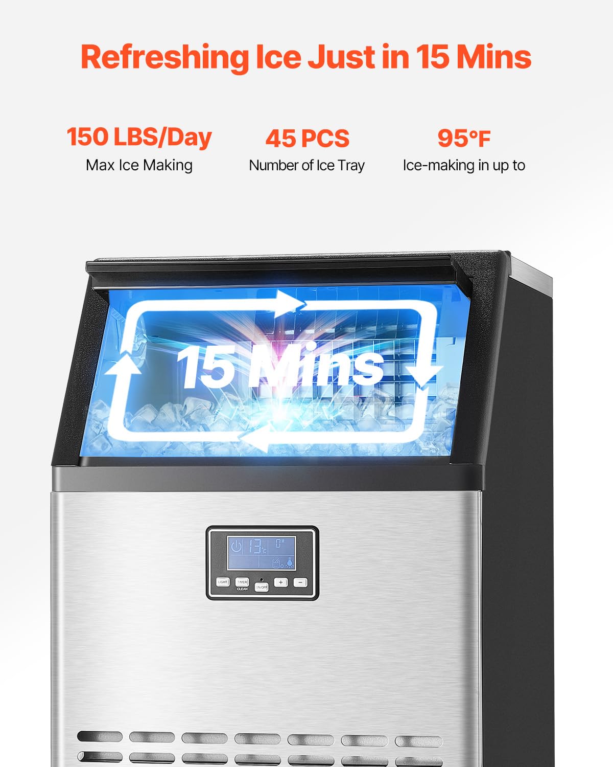 VEVOR 150lb/24h Commercial Ice Maker with 2 Water Inlets 45 Ice Cubes in 15 Minutes 33lb Capacity for Bar Office Restaurant with LED Digital Display and Self-Cleaning