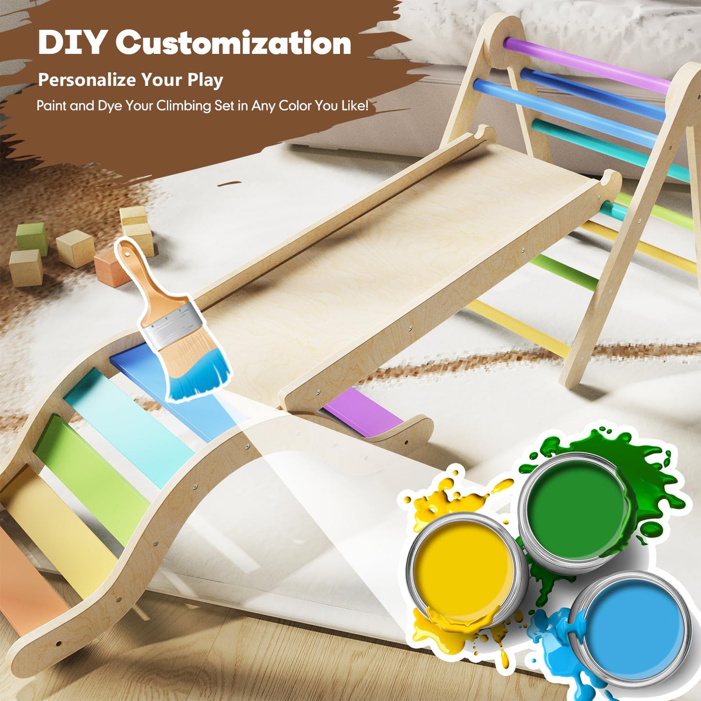 doowroodni Pikler Triangle Set 7in1 Toddler Climbing Toys Indoor Foldable Baby Climbing Toys Wooden Montessori Climbing Set with Arch, Ramp, Ladder for 1-3 Years, Jungle Gym for Kids (Natural)