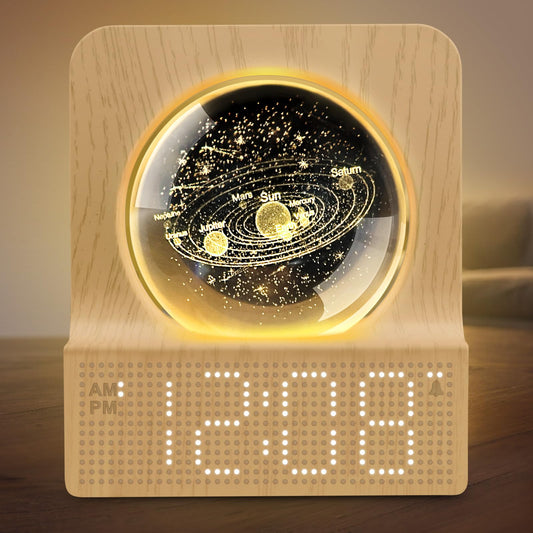DreamSky Space Alarm Clock for Kids Teens, Small Digital Clock with RGB Night Light for Bedroom, Colorful Crystal Ball Decor for Living Room Office, Dimmer, Gifts for Boys Girls Women (Wood Grain)
