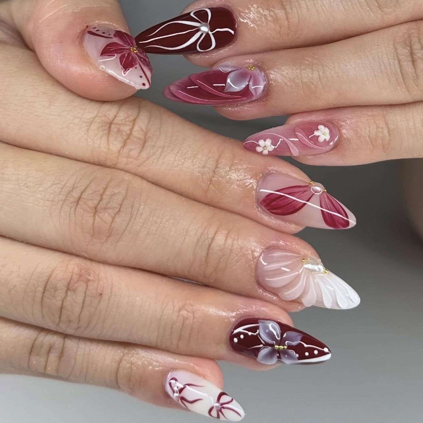 Almond Press On Nails Medium Flower Fake Nails Bow Nails Press Ons With Pearls Designs French Acrylic Nail Spring Summer Glossy Glue On Nails For Women Girls Nail Accessories 24Pcs
