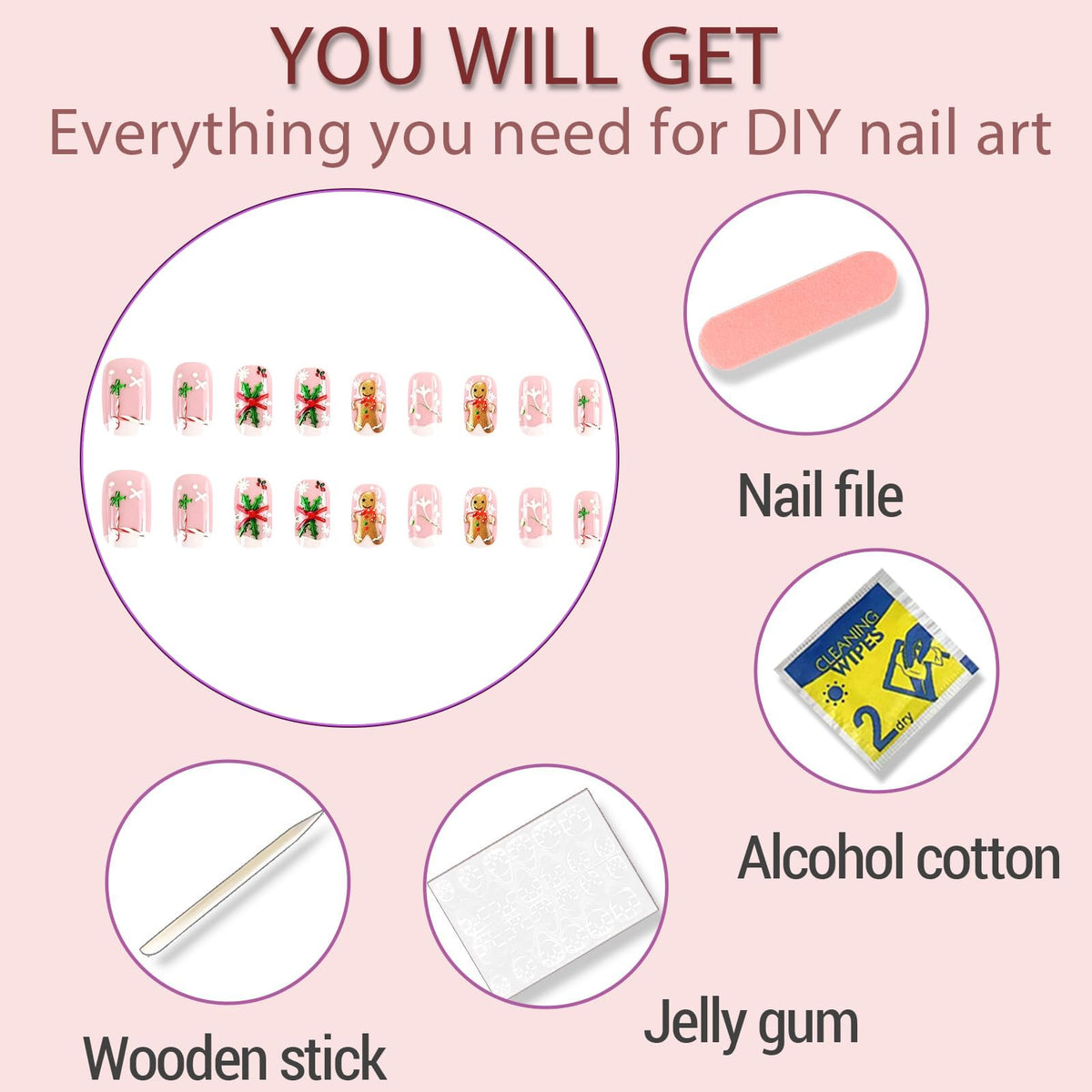 Christmas Press on Nails Medium, Square Winter French Fake Nails with Gingerbread Man Snowflake Designs, Acrylic Nails Press ons Artificial Nails Stick on Nails for Women 24Pcs