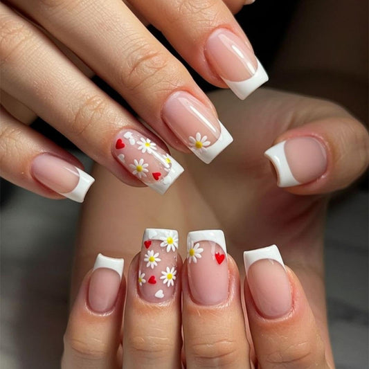 Flower Press on Nails Medium Square Fake Nails with Floral Hearts Design Glossy White French Tips Glue on Nails Spring Nails Press ons Reusable Full Cover Summer Acrylic Nails for Women Manicure 24Pcs